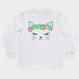 Kawaii cat, kitty kat, flower crown, cute cat, cat party, cat gift, pretty kitty, cat lover, cat collection, cat face Kids Long Sleeve T-Shirt